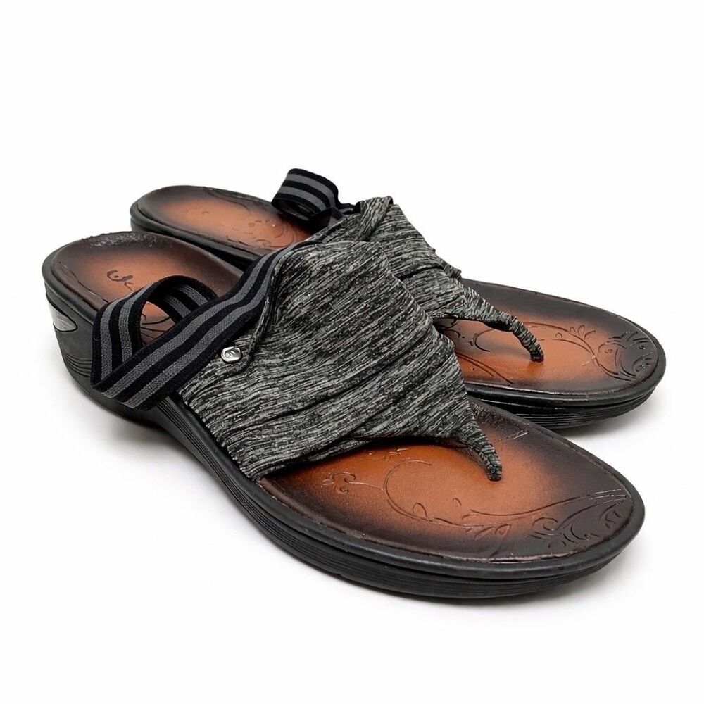 BZees Dazzle Sandals Womens Size 8M Gray Black Toe Post Slingback Wedge Comfort